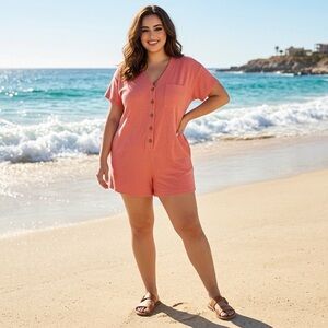 Old Navy Womens Romper 2X Stretch Short Sleeve Button Front Travel Vacation Boho